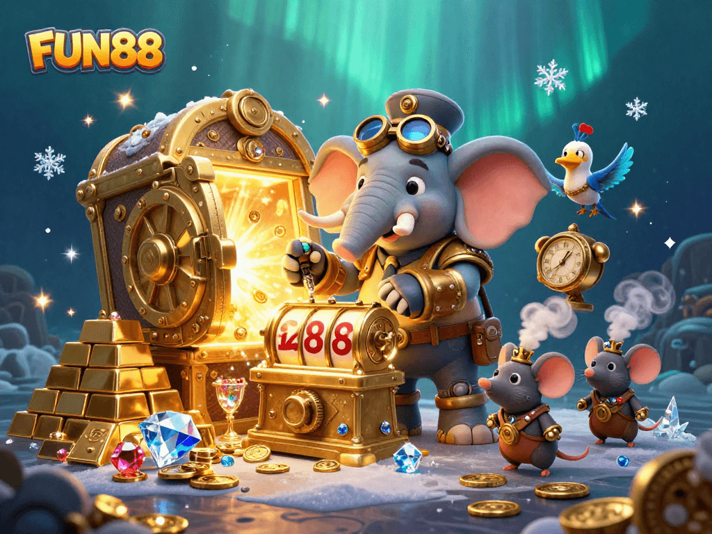 Experience the excitement at FUN88 as a steampunk elephant spins the golden slots amidst jewels and treasures.