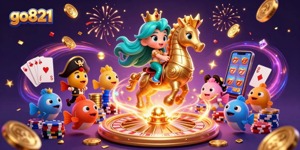 Experience excitement at go821 with a vibrant scene of a mermaid, seahorse, and dazzling casino elements.