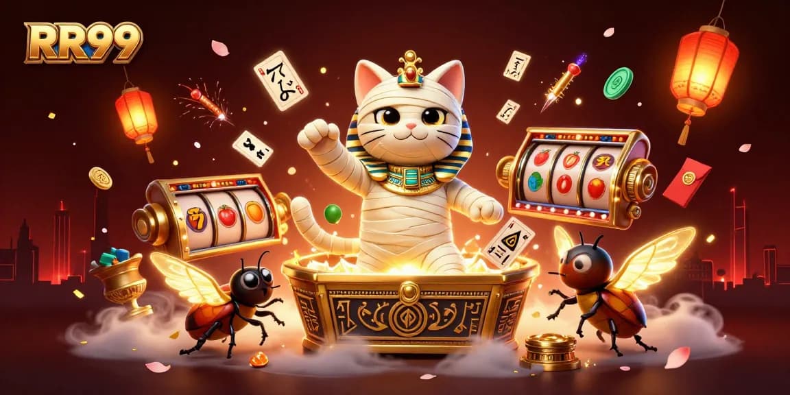 Experience thrilling RR99 gameplay with an Egyptian mummy cat and slot reels in a vibrant casino.
