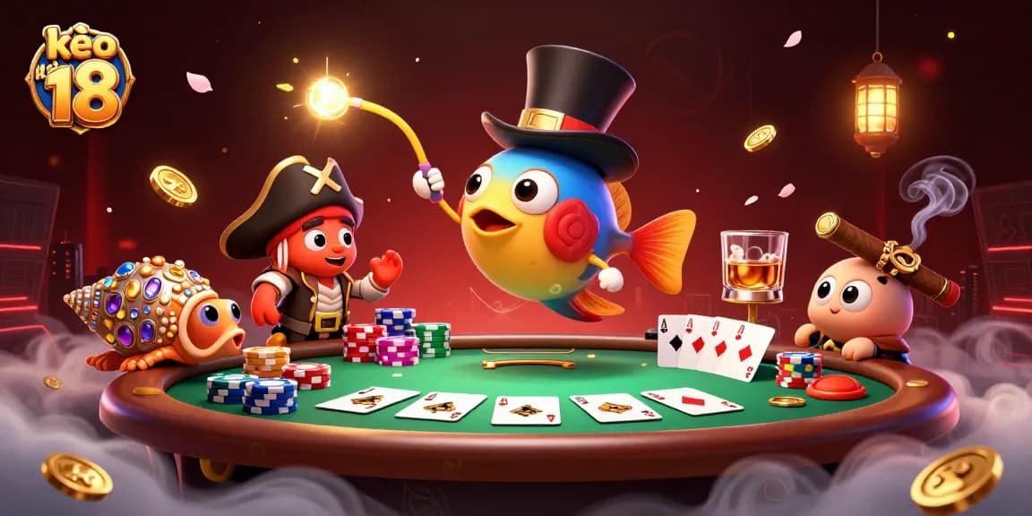 Engage with kèo nhà cái 18 amid a rich 3D casino scene of winning poker elements.