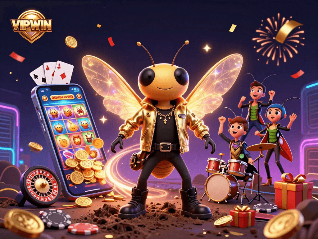 Experience thrilling wins with VIPWIN in a vibrant 3D casino scene full of action.