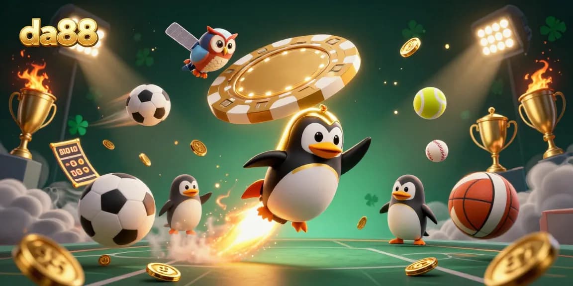 Experience thrilling gameplay at da88, featuring a golden penguin in a dazzling casino space scene.