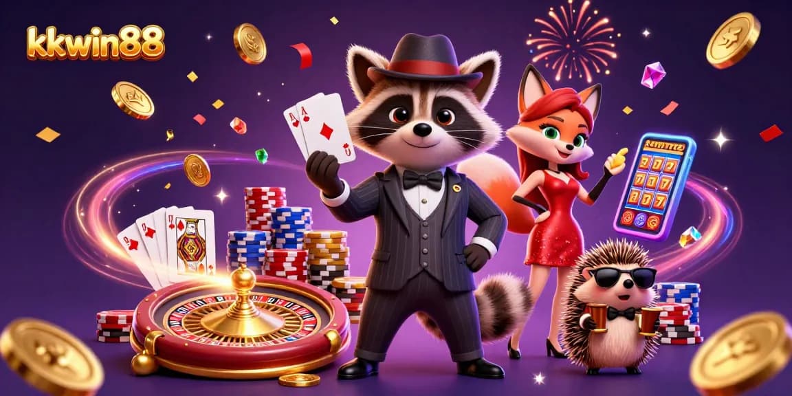 Engage in thrilling gaming at kkwin88, with raccoon, fox, and hedgehog characters at a vibrant casino scene.