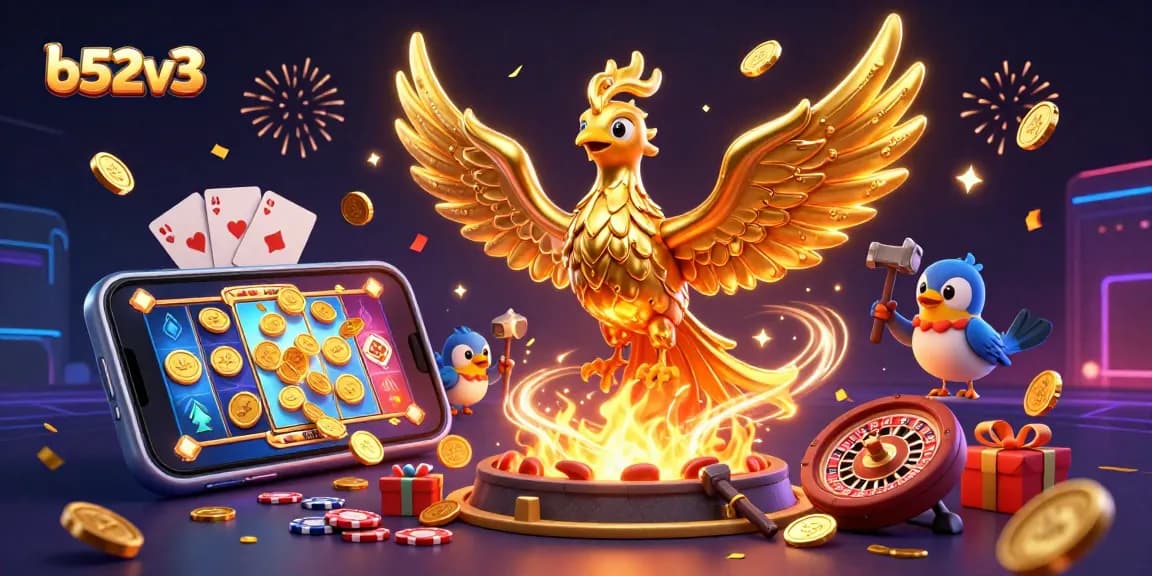 Engage with b52v3's vibrant 3D casino illustration showcasing a golden phoenix and dynamic gaming elements.