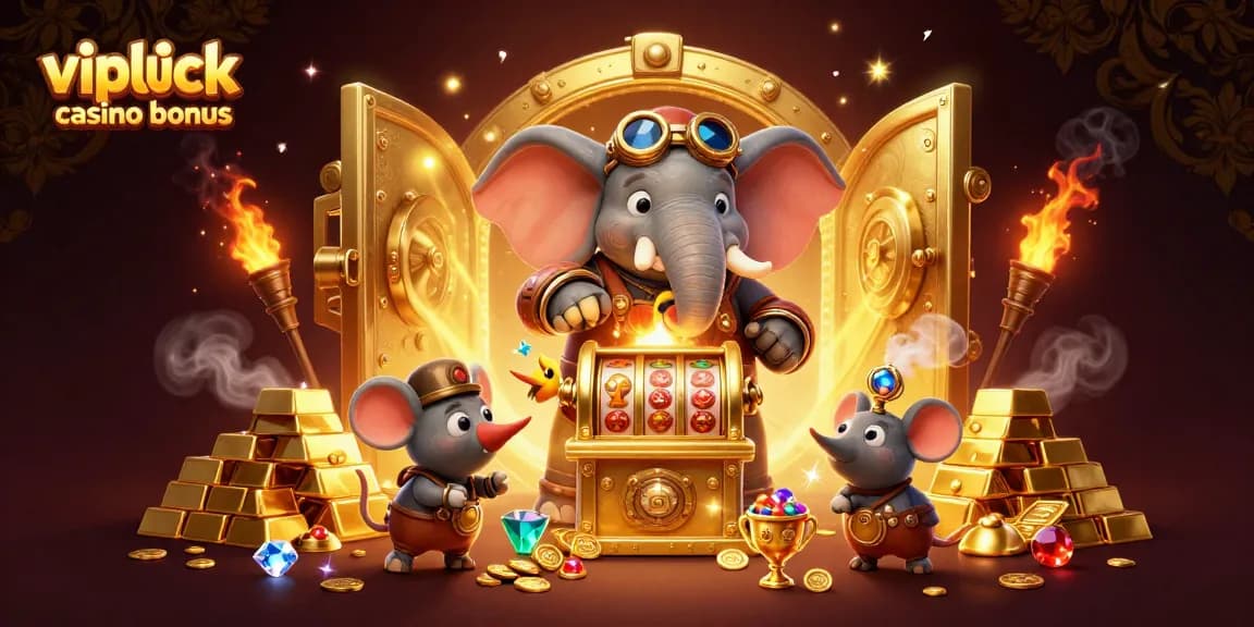 Erleben Sie den VIPLuck Casino Bonus mit einem Steampunk-Elefanten, der Spielautomaten bedient.
