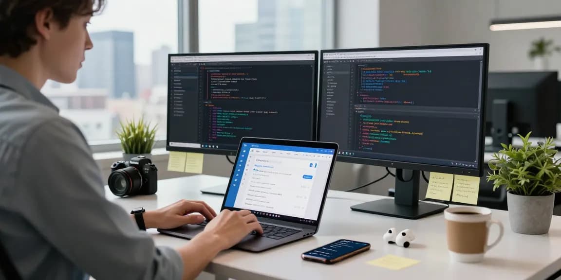 Using Telegram网页版 on a laptop in a modern workspace with monitors and city views.