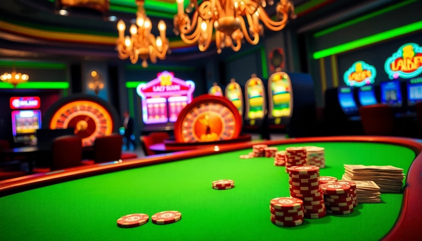 Experience the excitement of rebahin as players engage with luxurious casino tables and vibrant gaming elements.
