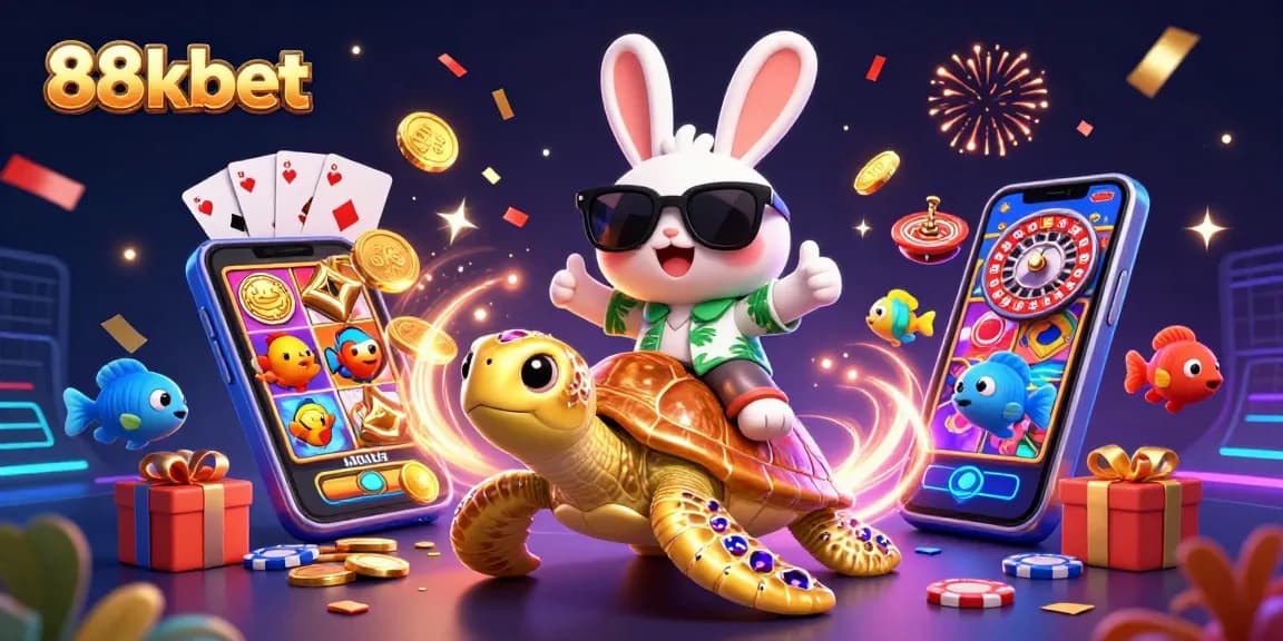 Bet and win big with 88kbet's vibrant casino-themed illustration featuring a lucky rabbit!