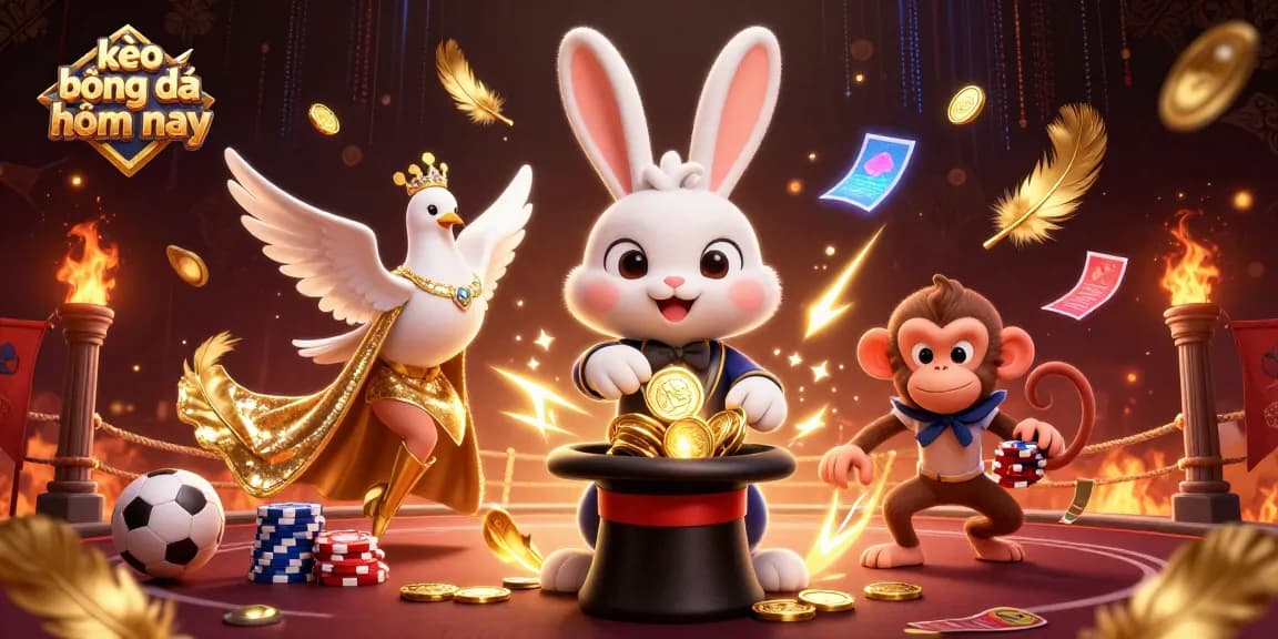 Engaging scene showcasing kèo bóng đá hôm nay with a magician rabbit, a dove, and a monkey amidst sports betting elements.