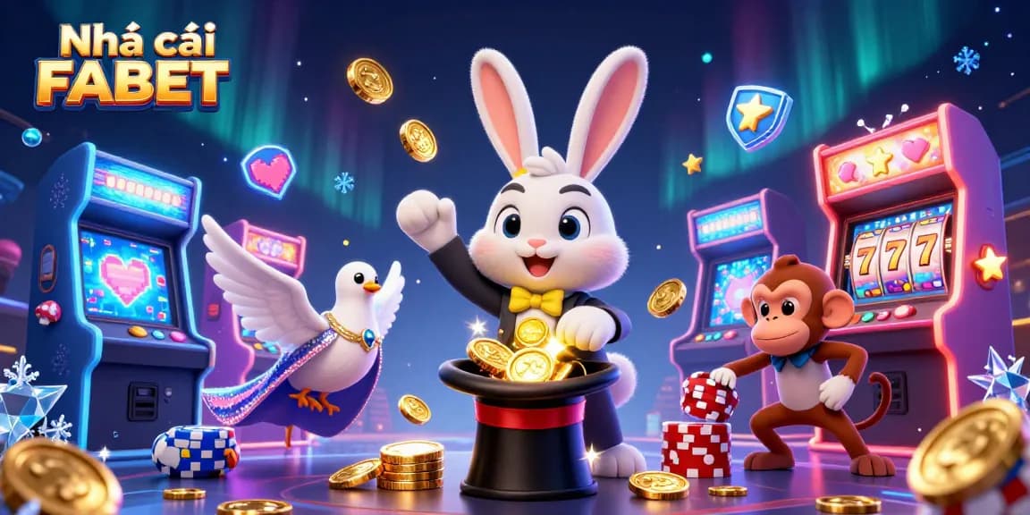 Engage with Nhà cái FABET as a 3D cartoon magician pulls coins alongside lively casino elements.