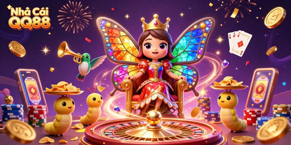 Engage with Nhà Cái QQ88, featuring a whimsical scene of a vibrant butterfly queen, poker chips, and slot machines.