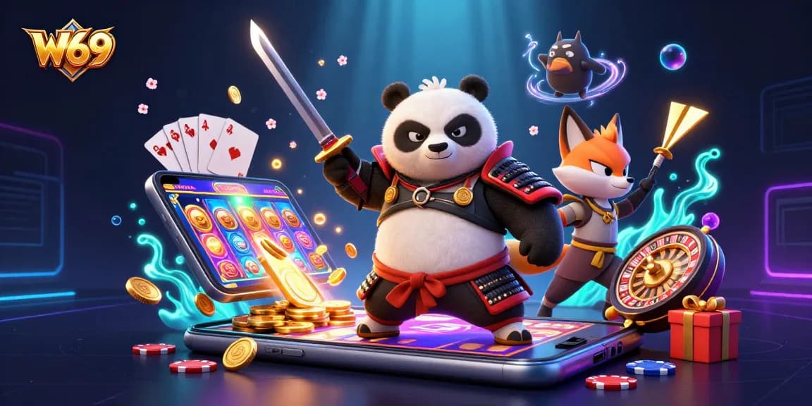 W69 immersive gaming scene with samurai panda, ninja fox, and spirit tanuki amidst dynamic slot games and casino elements.