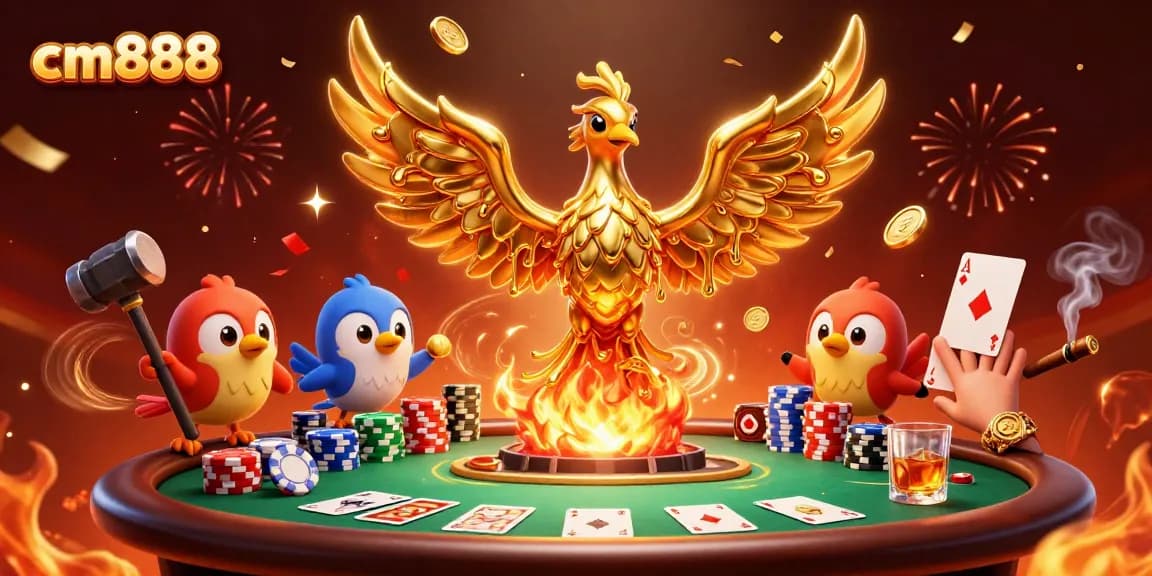 Experience thrilling gameplay at cm888 with an immersive illustration of a phoenix and poker elements.