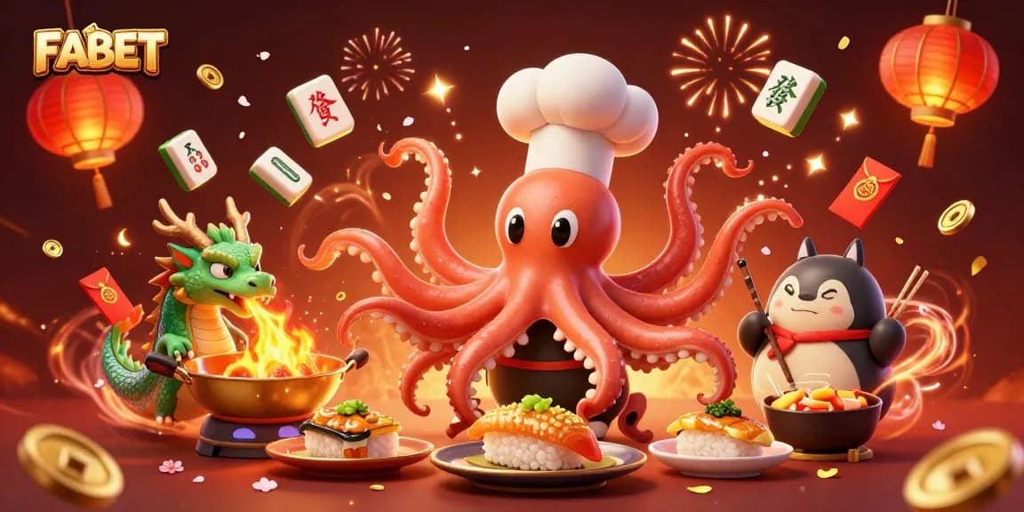 Experience thrilling FABET gaming with an octopus chef and vibrant casino elements in colorful celebration.
