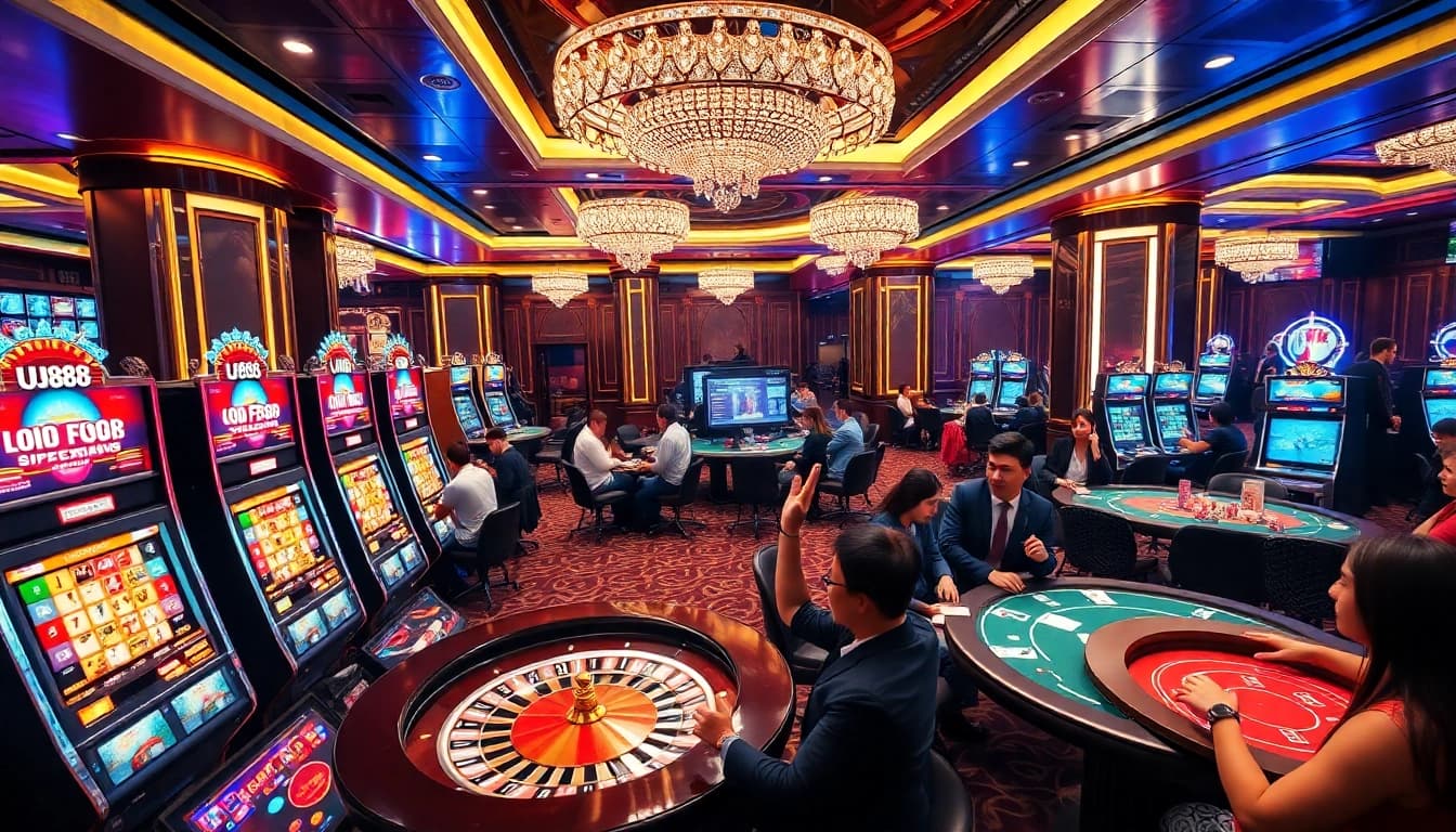 UU88 players enjoying engaging casino games with vibrant slot machines and poker tables.