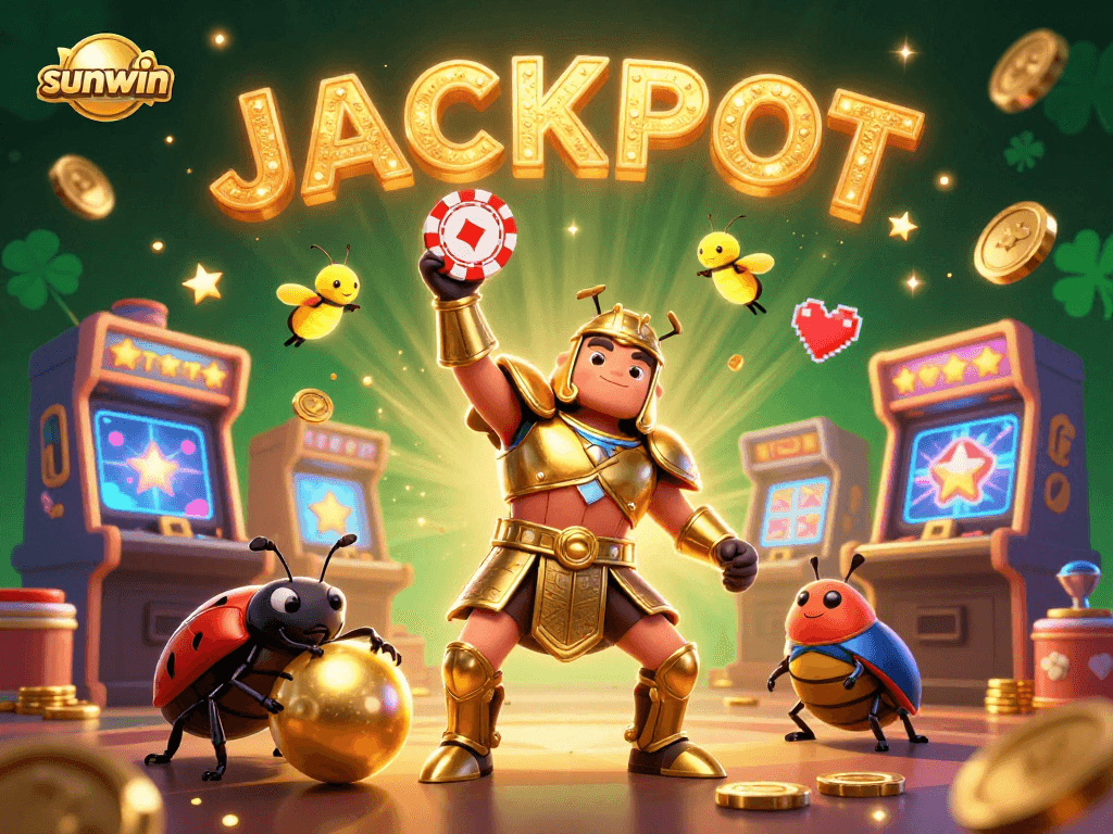 Win big with sunwin, showcasing a victorious beetle in a 3D casino scene filled with vibrant game elements.