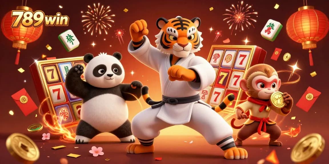 Engage with 789win's vibrant casino scene featuring a kung fu tiger, panda disciple, and mischievous monkey.