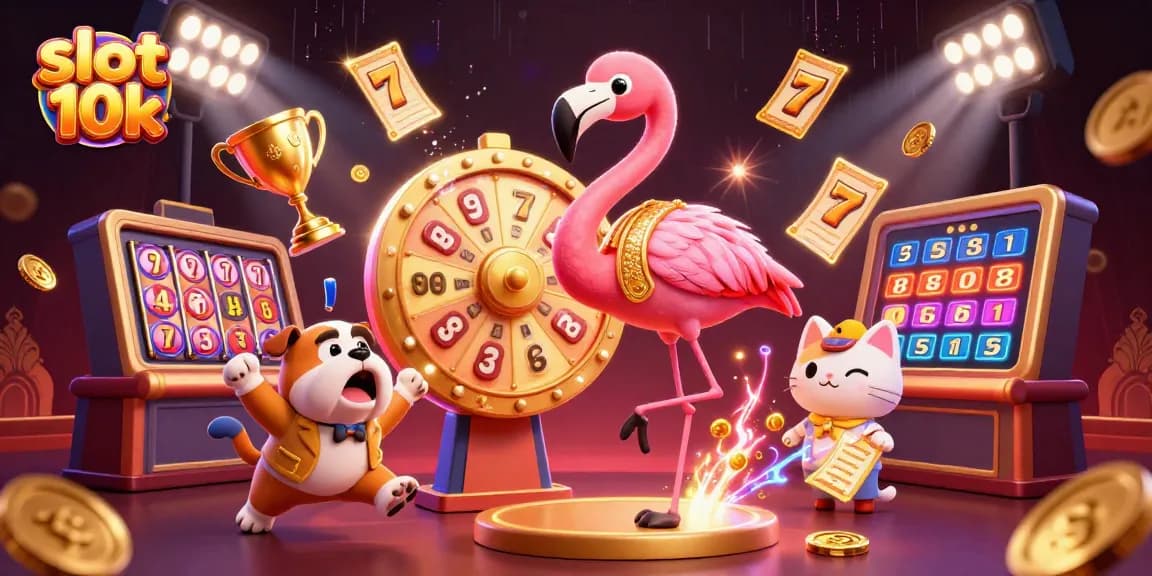 Engage with slot 10k excitement in a lively casino scene featuring dynamic characters and prize elements.