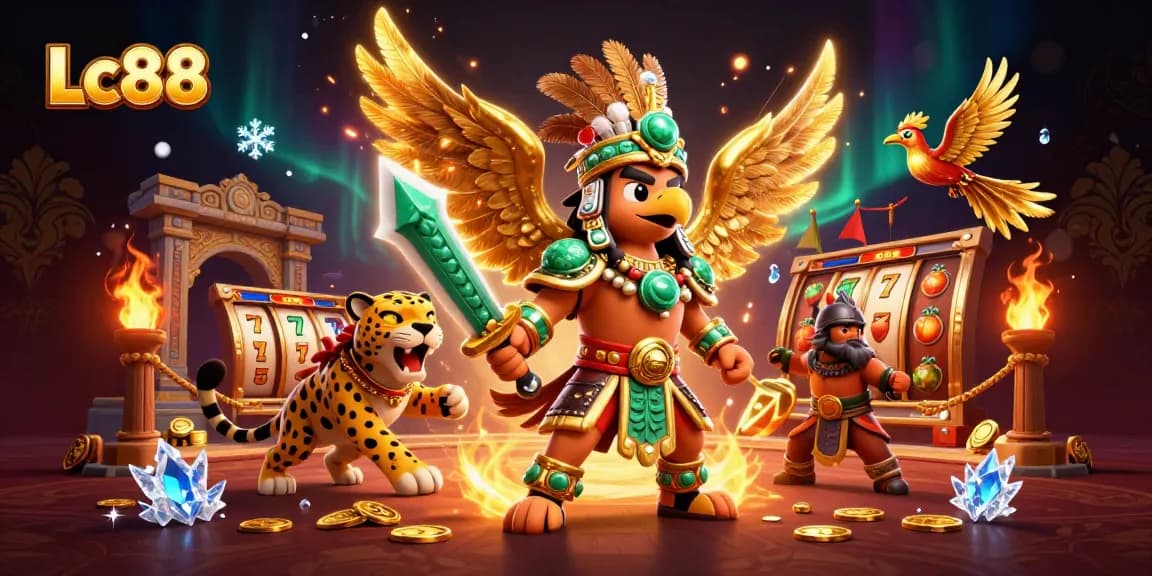 Experience thrilling gameplay at Lc88, with vibrant casino games featuring an Aztec warrior scene.