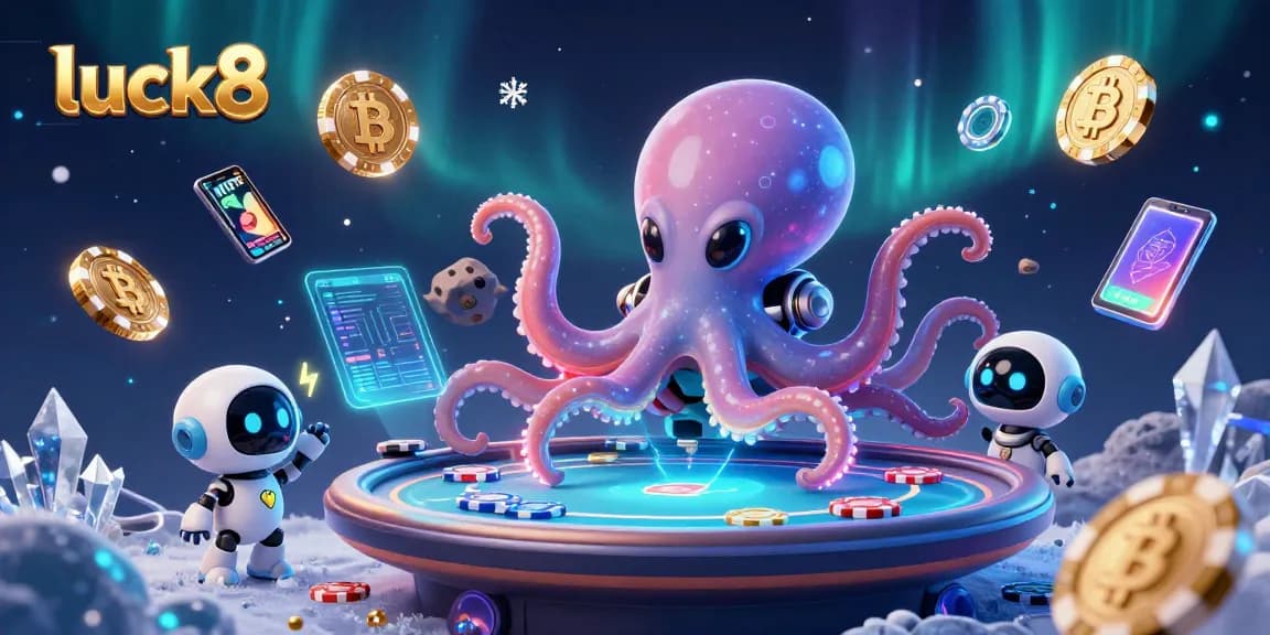 Experience thrilling gameplay at luck8 with a vibrant alien octopus managing poker in space.