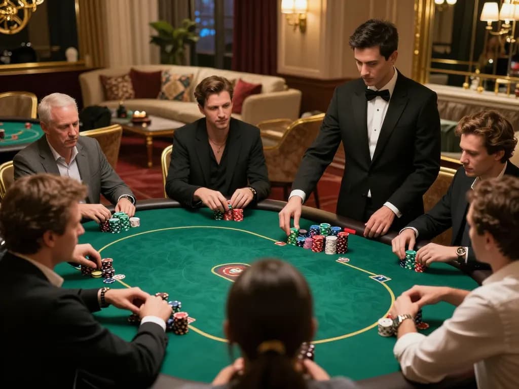 LUCKY88 players intensely competing in stylish poker game at private casino table, showcasing high stakes and excitement.
