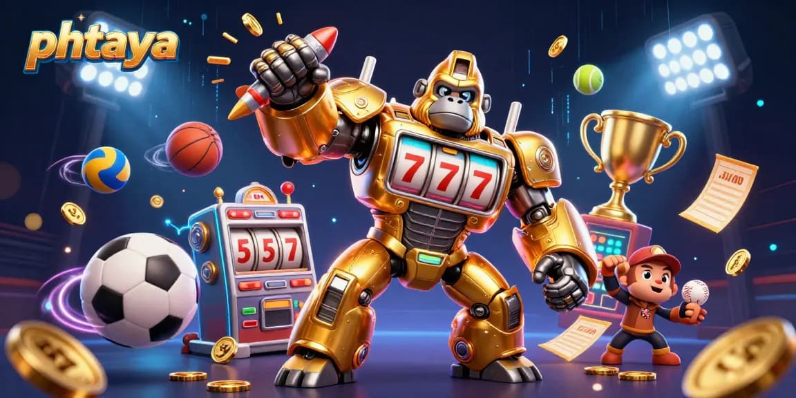 PHTAYA engages players with dynamic gaming elements including a golden gorilla mech and sports balls.