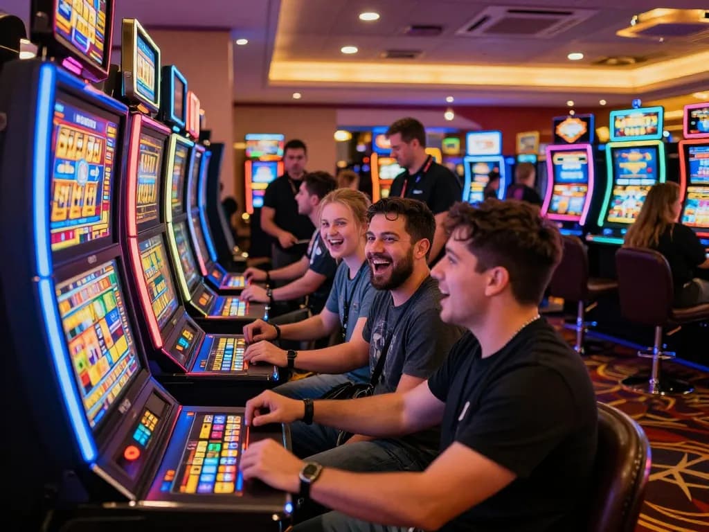 Players winning on slot777 machines in a lively casino atmosphere.