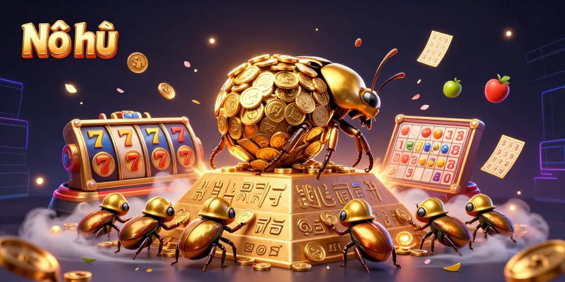 Nổ hũ players spin slot reels, chasing vibrant jackpots amidst golden treasures in a dynamic carnival.