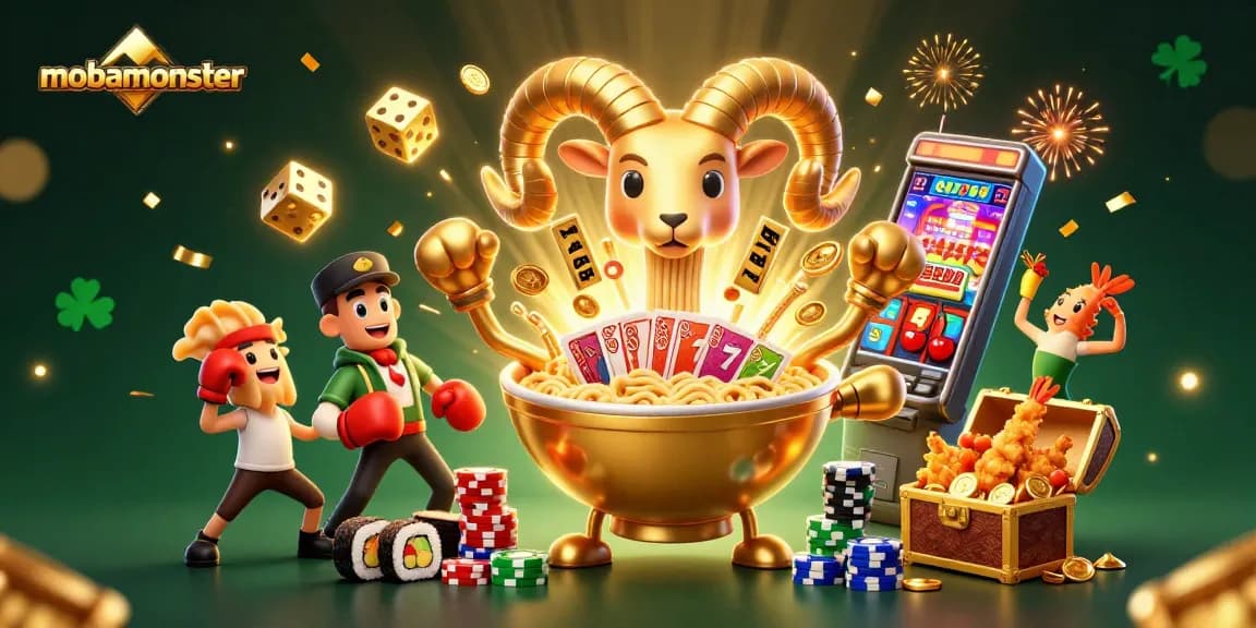Witness the thrilling action in a vibrant mobamonster casino illustration depicting golden ramen bowl characters and a dynamic jackpot explosion.