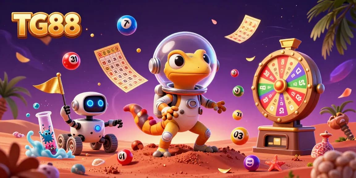 Experience gambling excitement with TG88 in a vibrant 3D casino scene featuring alien characters and dynamic game elements.