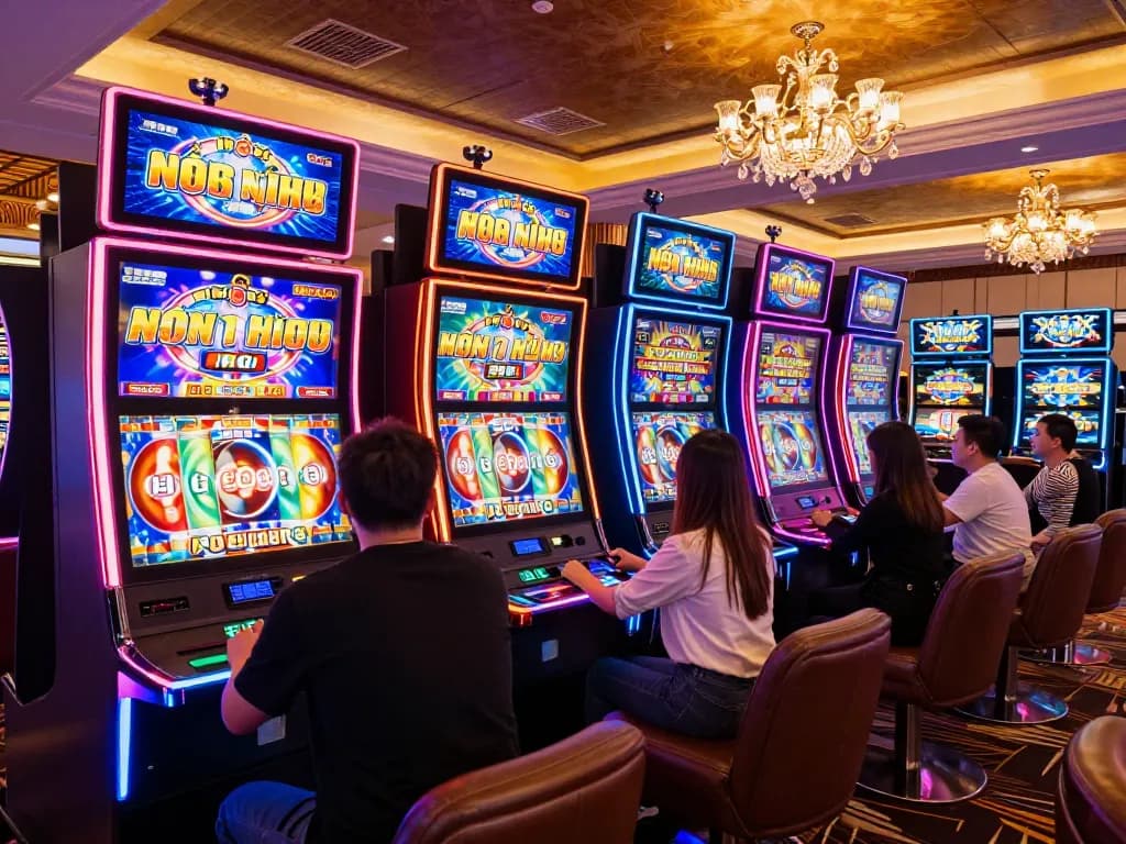 Engaging players enjoying nổ hũ at colorful slot machines in a vibrant casino setting