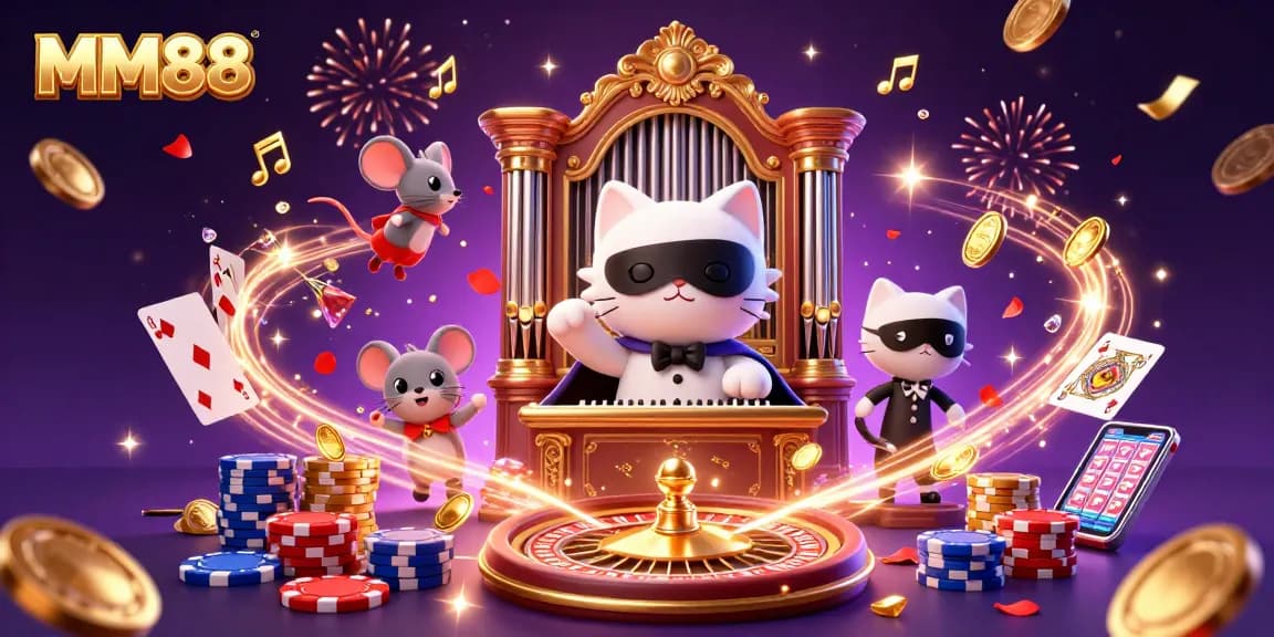 Experience MM88's thrilling gaming atmosphere with playful characters, vibrant casino elements, and enchanting details.
