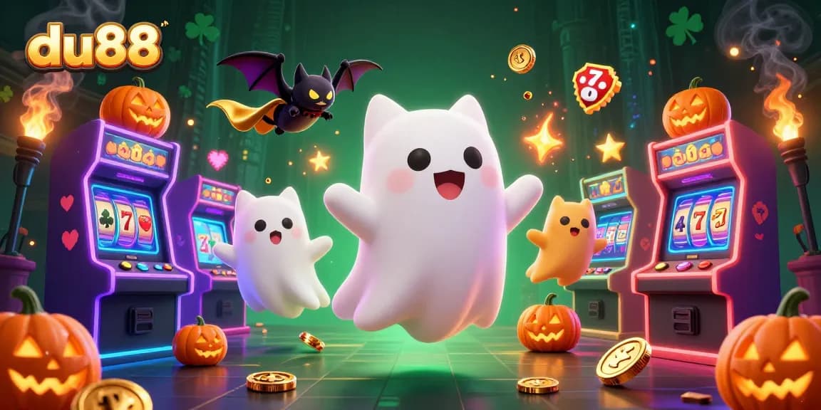 Experience du88 at this immersive haunted casino with vibrant gaming elements and whimsical characters.