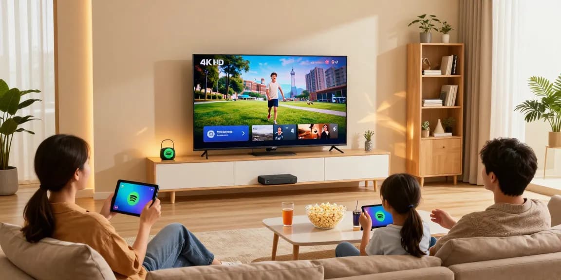 Familie genießt 4K UHD Filme mit IPTV kaufen im modernen Wohnzimmer.