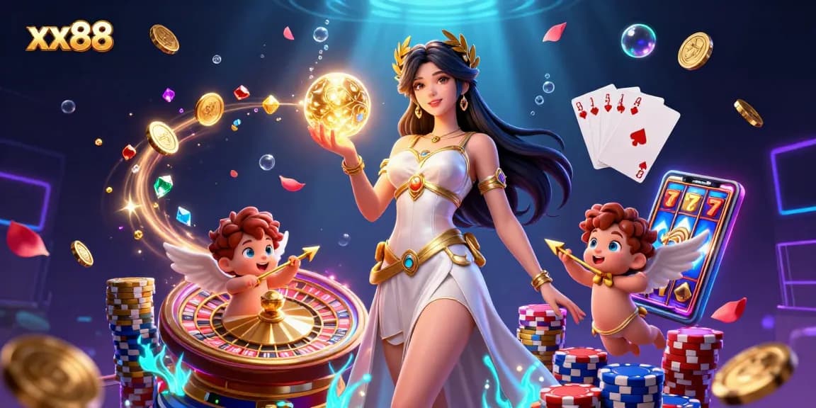 Experience the excitement at xx88 with golden coins cascading and game elements flying in a captivating casino scene.