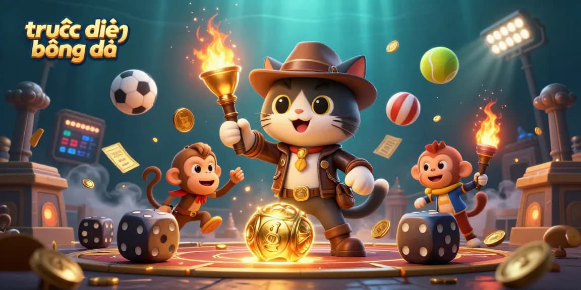 Experience trực tiếp bóng đá with a vibrant 3D scene featuring dynamic sports activities and gaming elements.