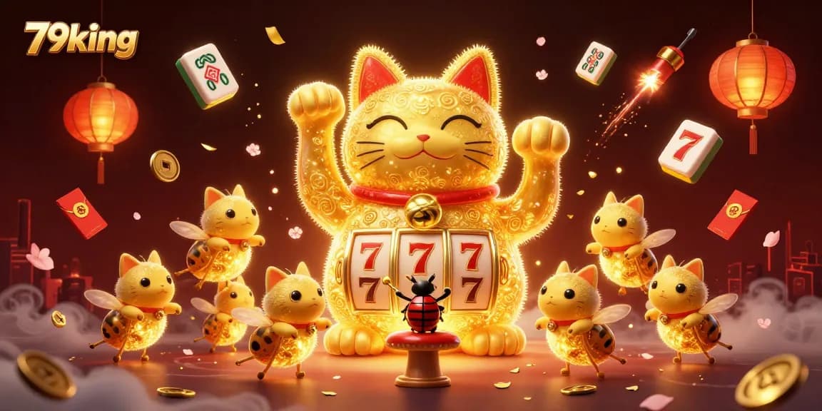 Engage with the dazzling 79king experience featuring a lucky cat, slot symbols, and vibrant casino elements.