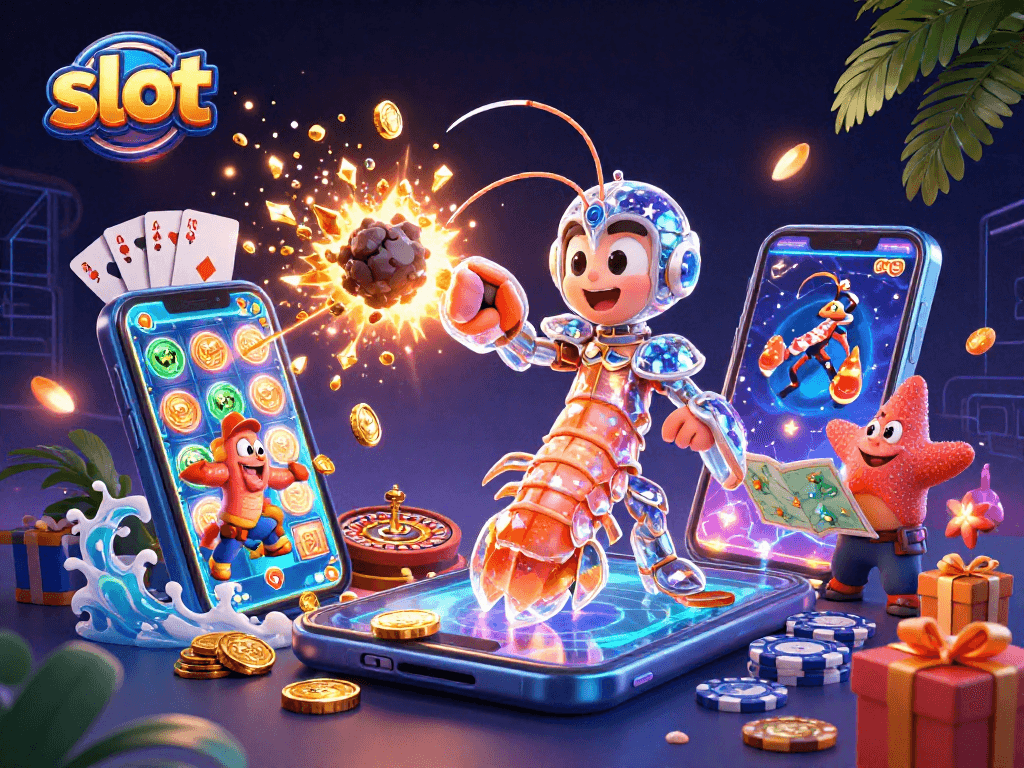 Spin the reels with slot games as a galactic samurai mantis shrimp leads the action amidst gold coins.