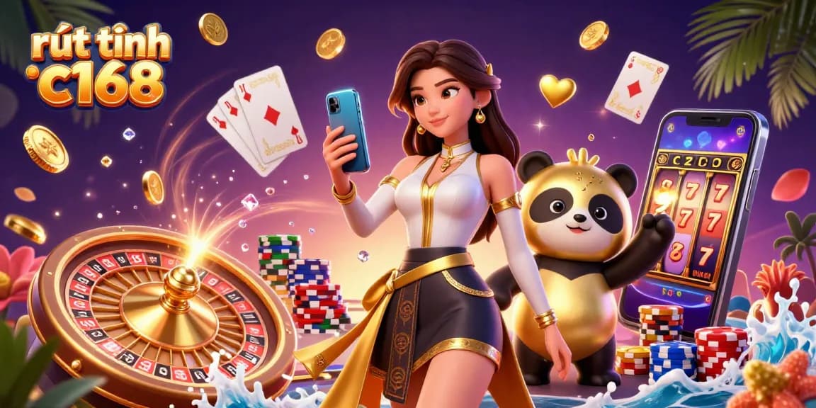 Engage with rút tiền c168 through dynamic casino gameplay featuring an Asian woman and a panda mascot.