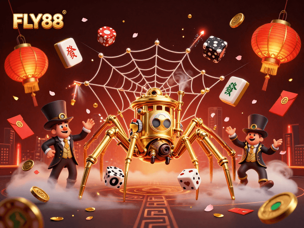 FLY88's golden spider catches lucky dice in a vibrant gambling scene filled with 3D casino elements.