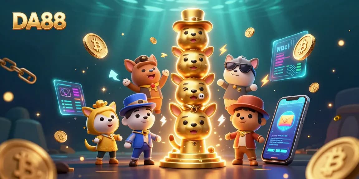 Experience the vibrant world of DA88 online casino with engaging animal-themed characters and glowing crypto elements.