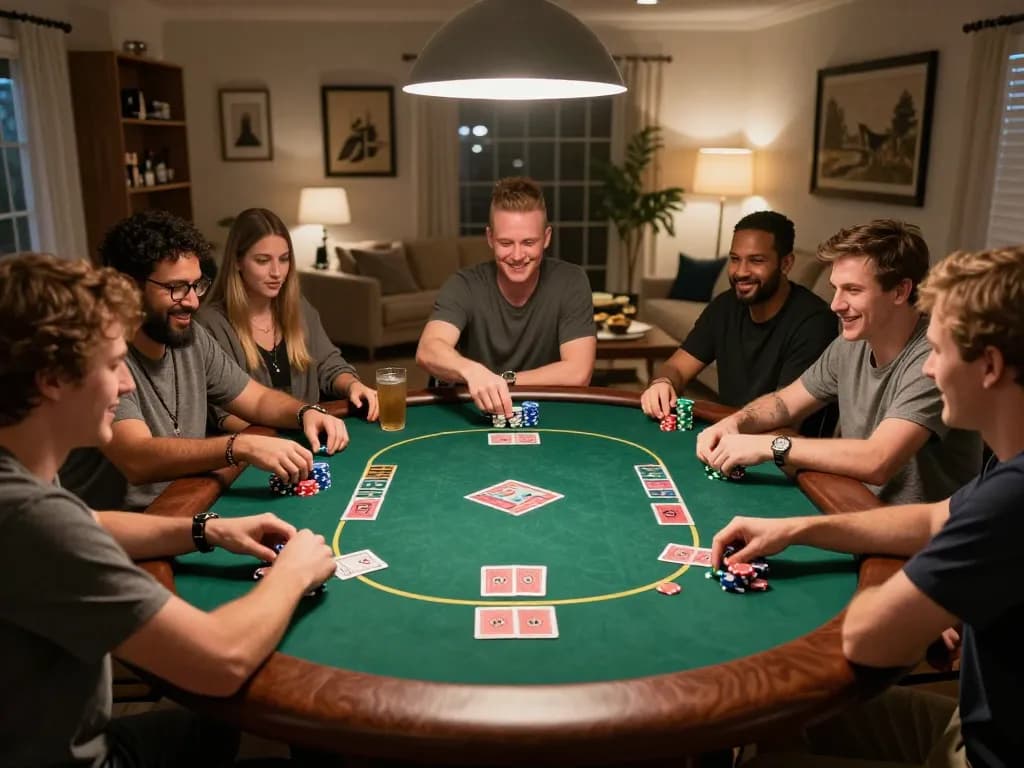 Kèo nhà cái action at a lively home poker night as friends enjoy strategic gameplay together.