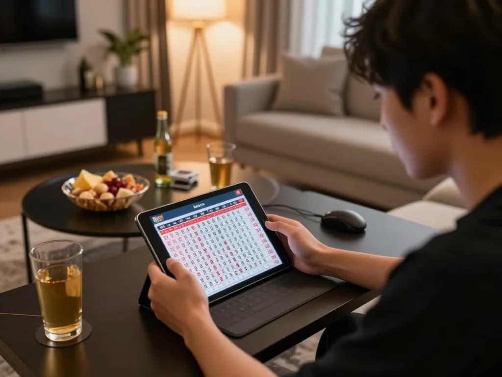 Engaging in live draw hk lotto results on a tablet in a cozy home gaming setup.