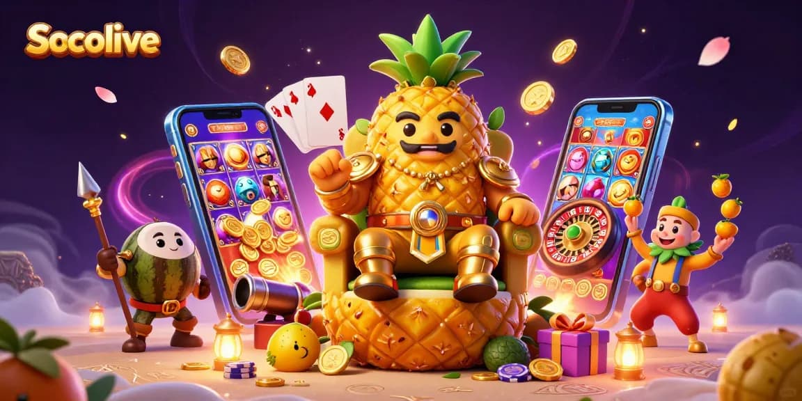 Socolive delivers electrifying live football action with vibrant illustration showcasing a golden pineapple king and game elements.