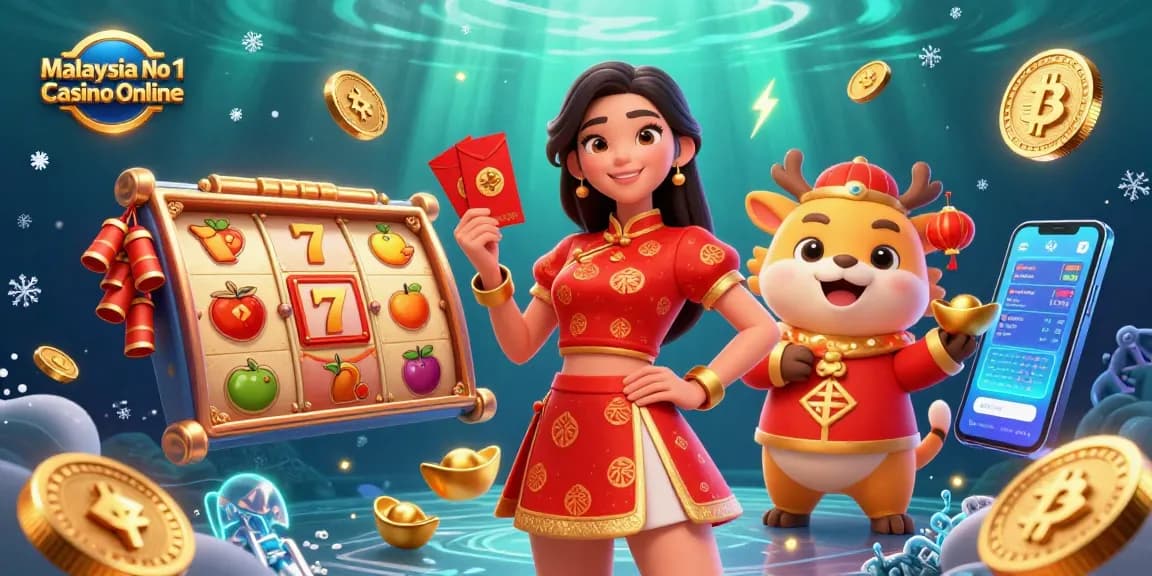 Experience Malaysia No 1 Casino Online with lively scenes of gaming, slots, and festive elements.