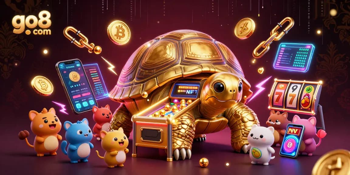 Engage with go8 com's exciting gaming world featuring vibrant golden tortoise pinball and crypto elements.