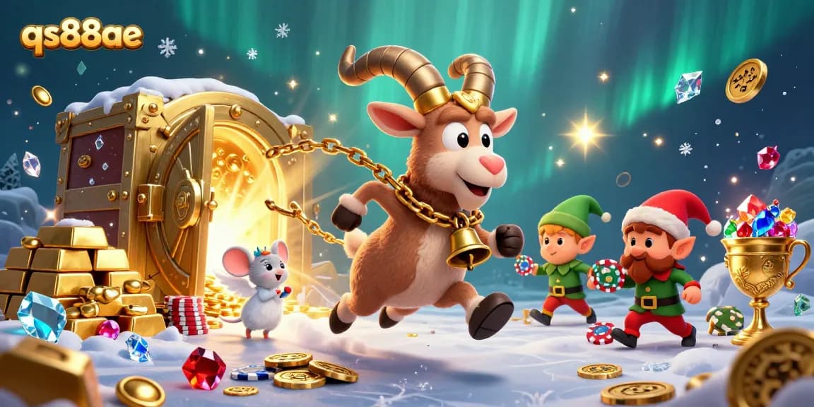 Experience excitement at qs88ae, where festive casino characters interact amidst treasures and playful chaos.