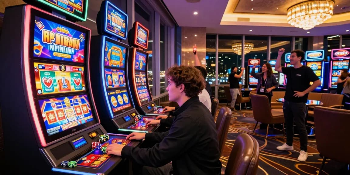 Player enjoying rokok88 at a vibrant casino slot machine surrounded by excitement.