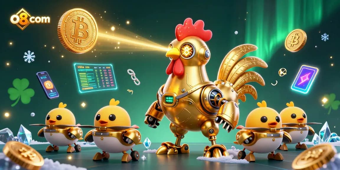 Engage with stunning adventures at o8 com's casino showcasing golden rooster robots and crypto elements.