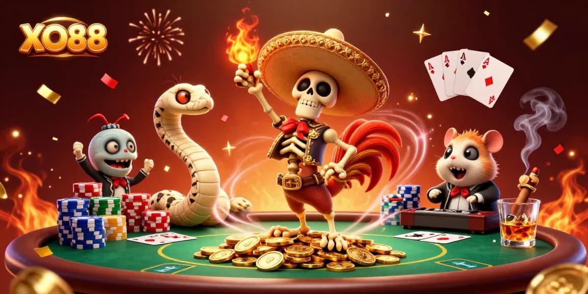 Experience the excitement of XO88 with vibrant casino characters celebrating amidst dynamic gaming elements.